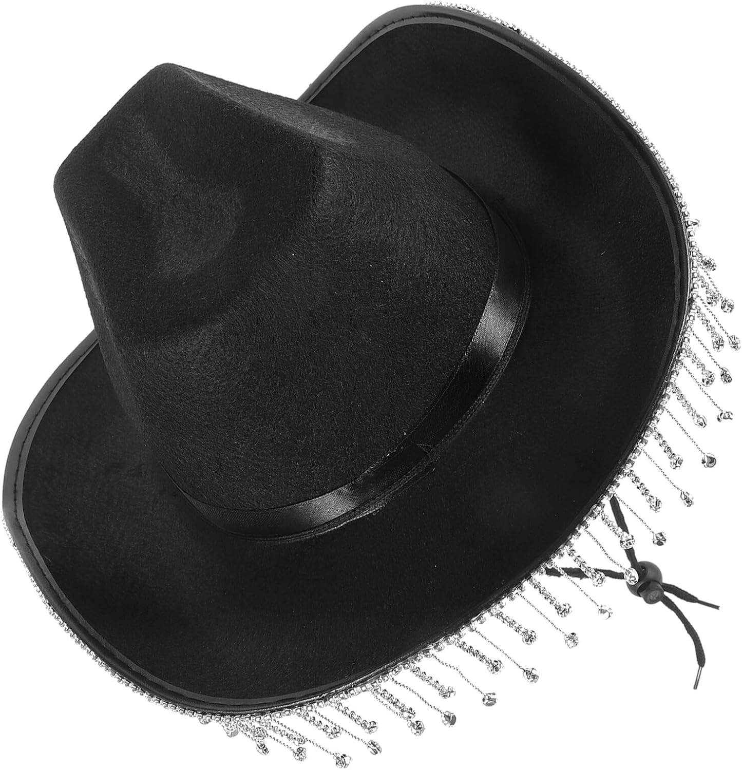 Cowgirl Hat for Women Western Black Fabric Wide Brim Rhinestone Tassel Bridal Wedding Party Accessory