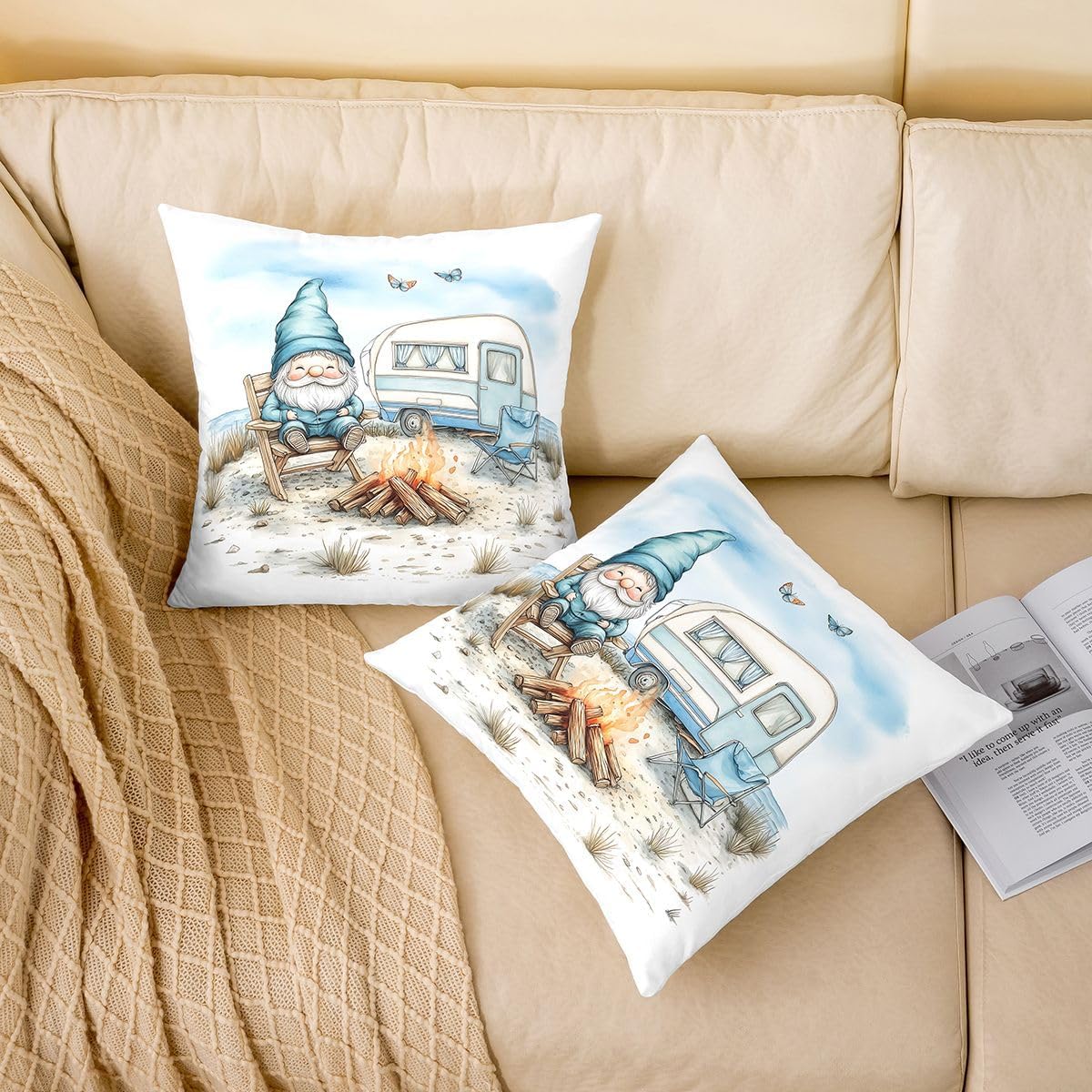 Gnome Camping Throw Pillow Covers 18x18 Set of 2 Blue Coastal Beach RV Camper for Young Cushion Cover Vintage Travel Trailers Throw Pillow Case For Bed Couch Sofa Whimsical Camping Themed Home Decor image 2