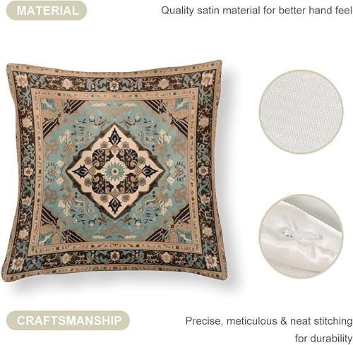 Miniatura 4 de Fundas de almohada decorativas de satén de 26 x 26 pulgadas, color marrón y beige y verde azulado, con rayas mexicanas tradicionales del suroeste,