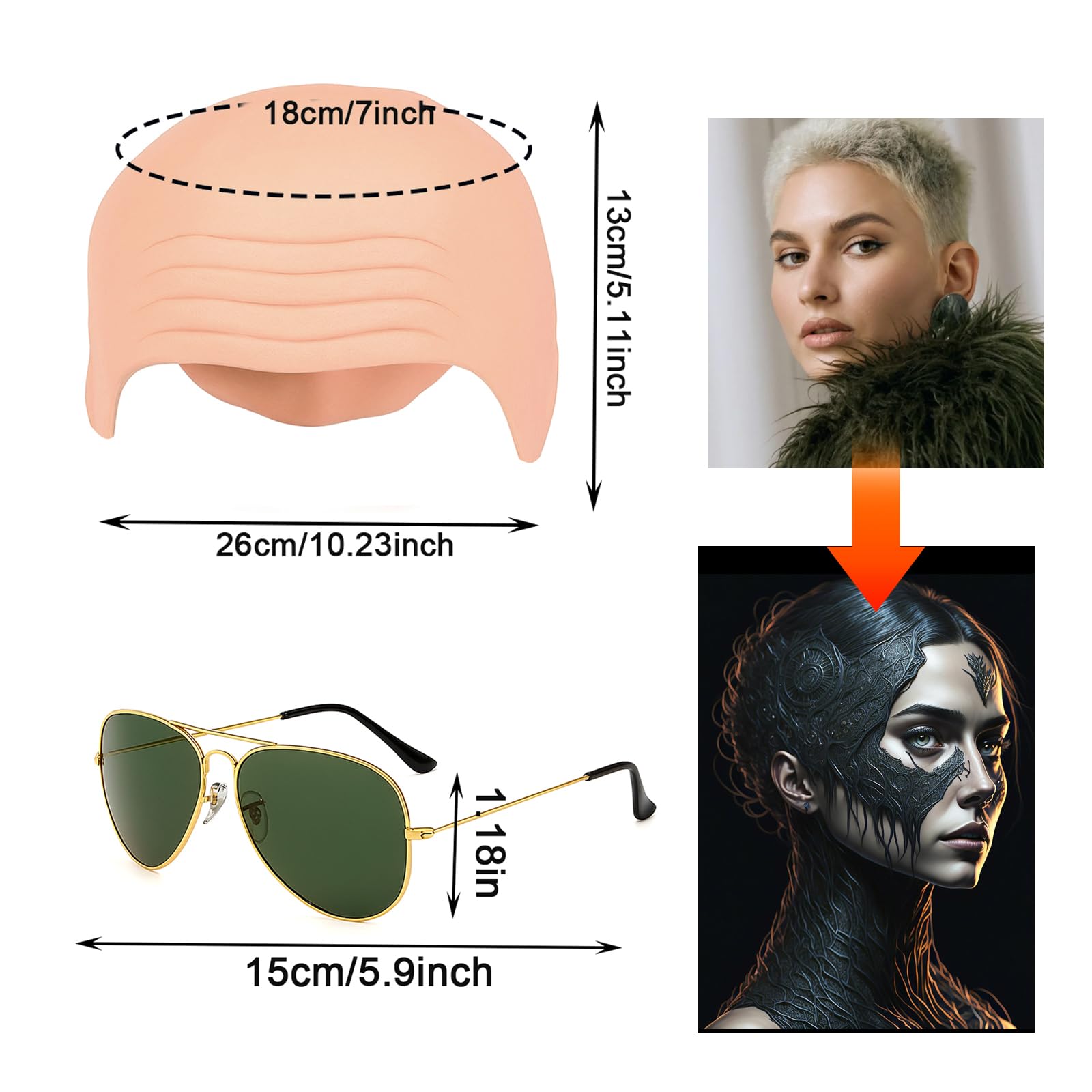 YONEEKSS Bald Scalp Cap Set, Cosplay Accessories Included Nude Bald Cap, Black Sunglasses, Small Piece Of Black Fake Beard - Image 2