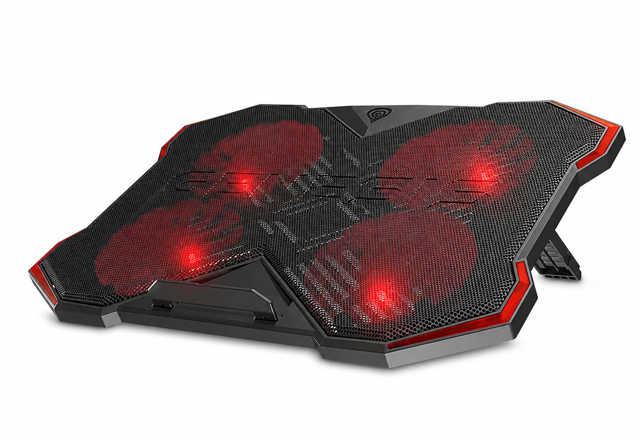 Genesis OXID 260 Podstawka chłodząca do laptopa do 17,3″ – 4 wentylatory LED, regulacja nachylenia 8 poziomów, metalowa siatka, hub USB, cicha podkładka chłodząca gamingowa do laptopa