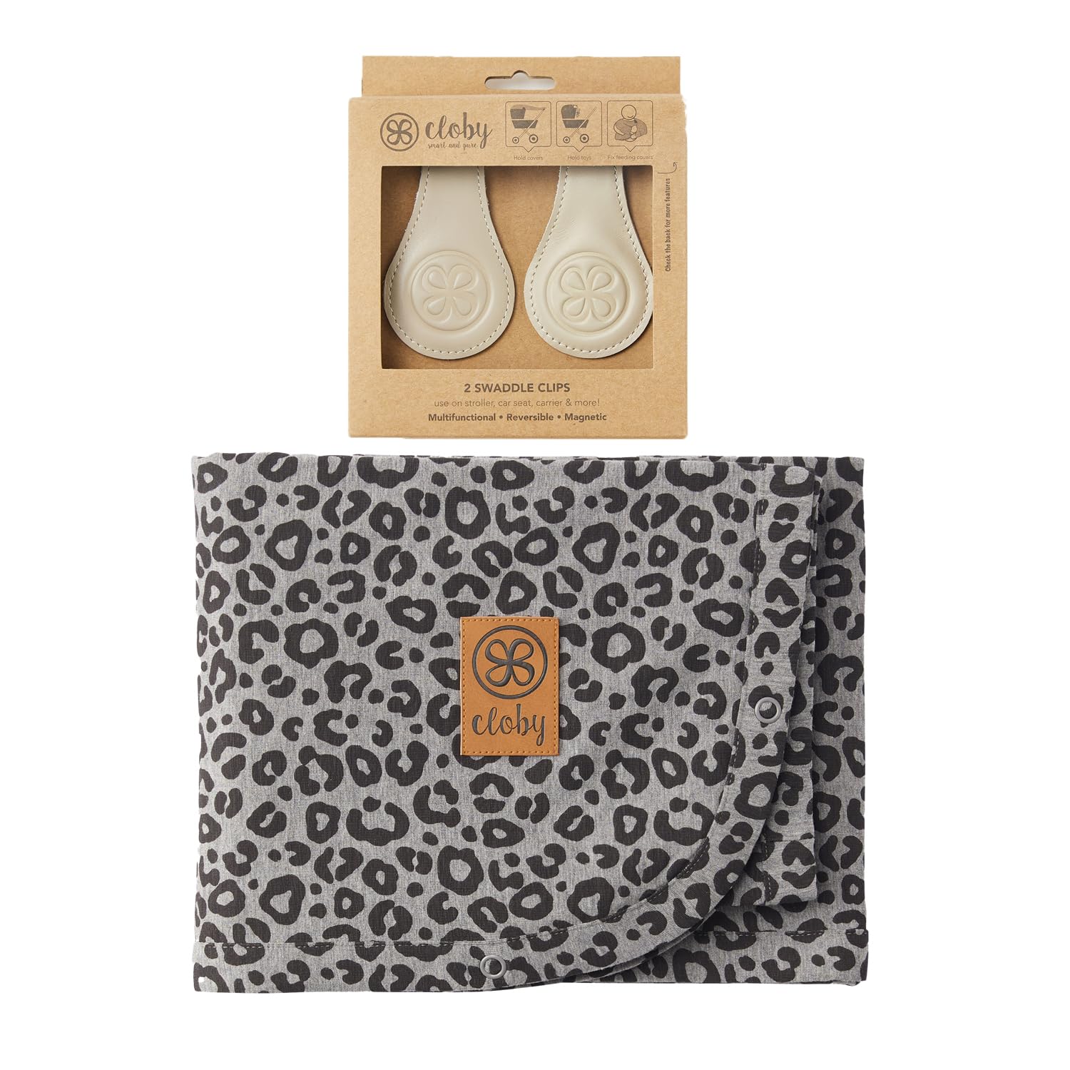 Cloby CBY-SET-LPG-BE Set UV-Schutz-Decke Leopard grau/schwarz und magnetische Clips beige