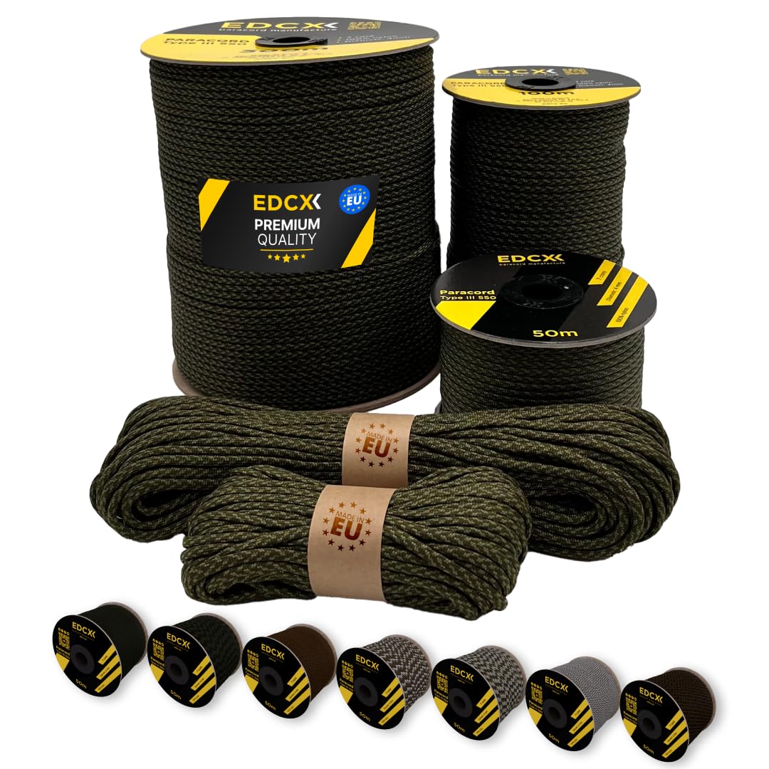 Paracord 4mm Nylon 550 Type III - 20+ Couleurs Militaires - 15m à 300m - Pour Artisanat, Camping, Survie