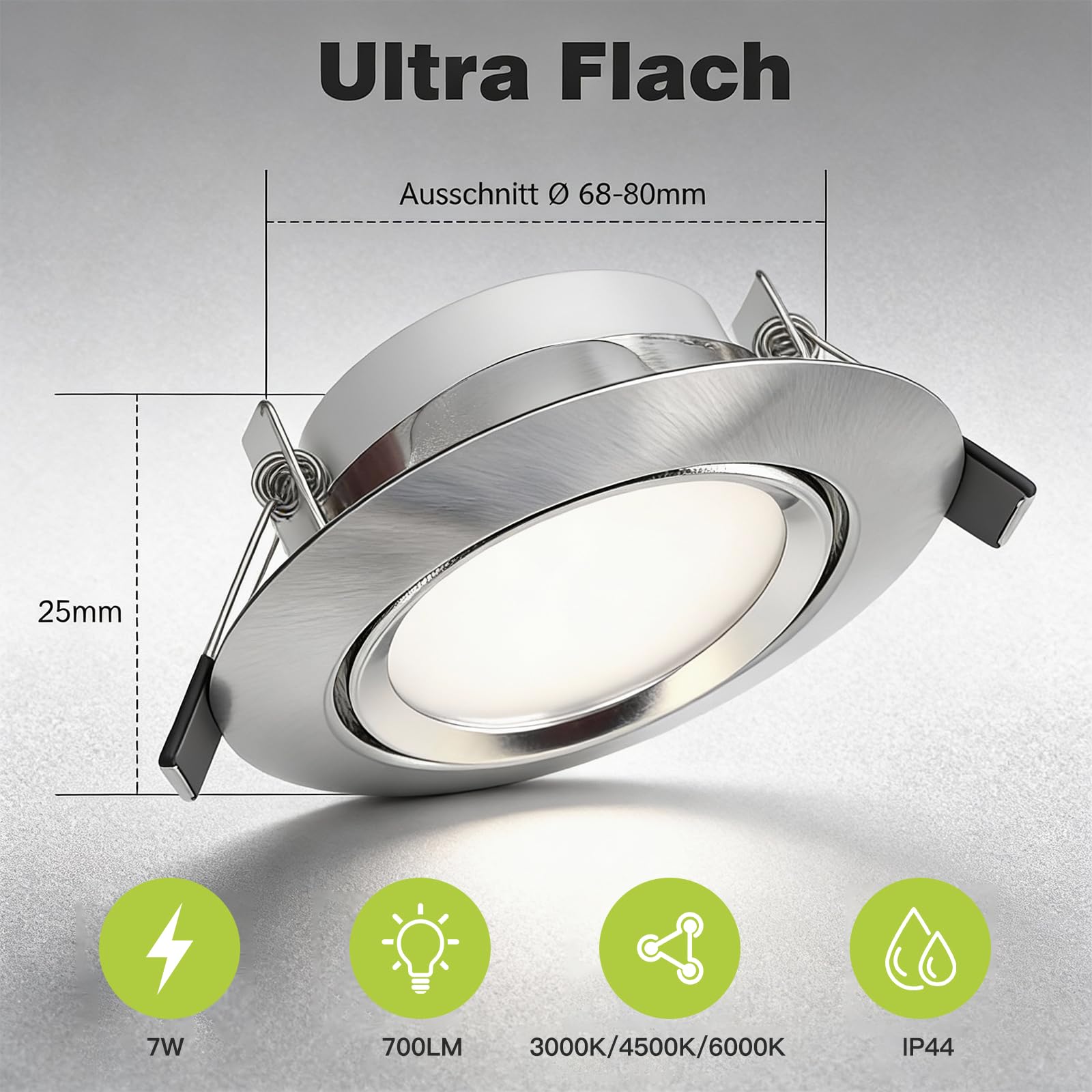 LED Einbaustrahler 230V Flach Dimmbar,LED Spot 5W IP44 Deckenspots, 45° Schwenkbar Einbauleuchten 68-85mm EinbauØ, 2700K/4000K/6000K Ultra Flach Einbauspots, 3CCT Spots für Badezimmer 12er Set