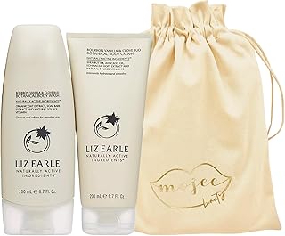 Mojee Beauty Gift Set, Includes Liz Earle Bourbon Vanilla & Clove Bud Body Wash, Liz Earle Bourbon Vanilla & Clove Bud Body Cream and Mojee Beauty Canvas Bag