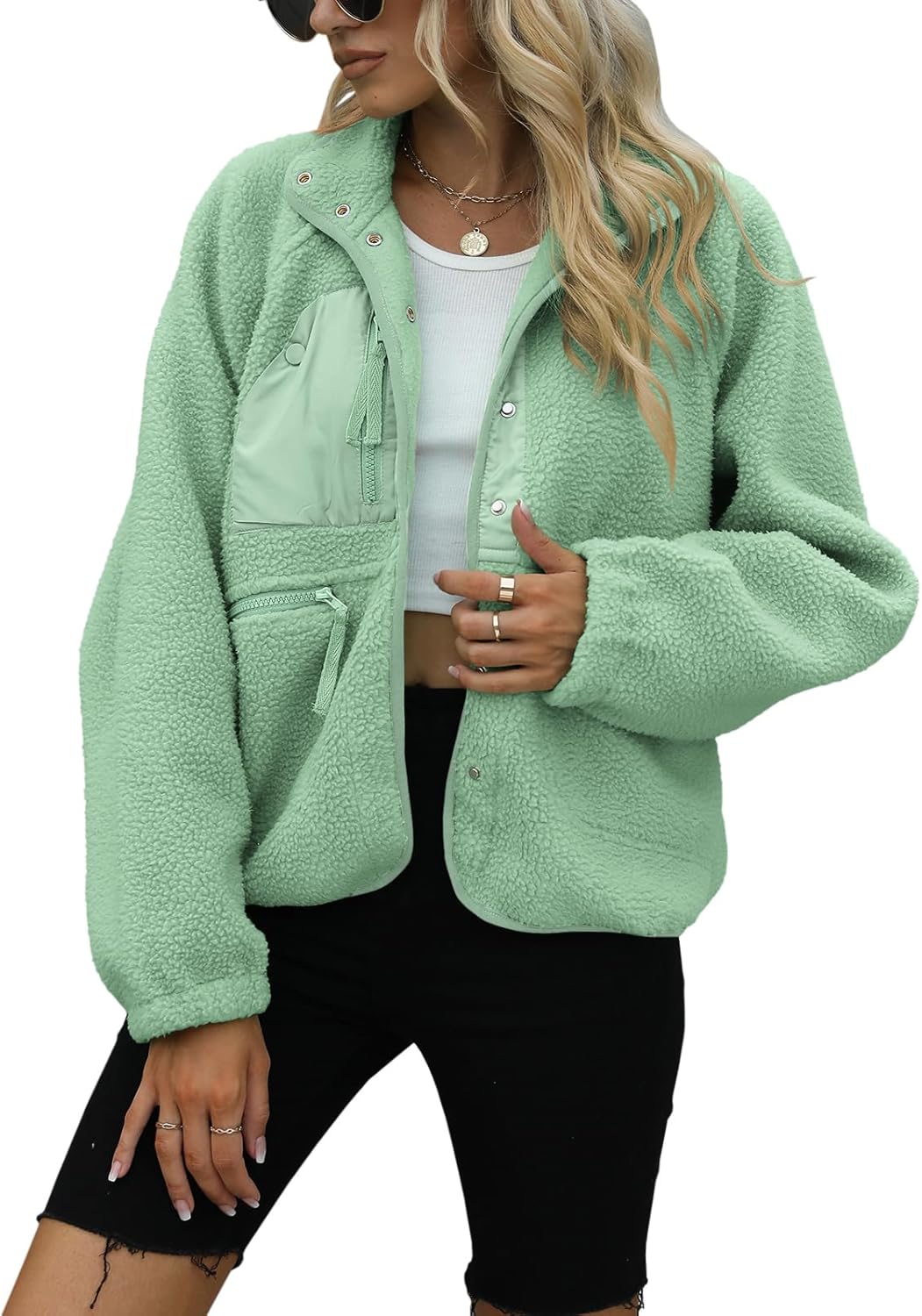 Yanekop Womens Fleece Jacket Fuzzy Long Sleeve Short Winter Coats Button Down Sherpa Jacket Outerwear with Pockets - Image 2
