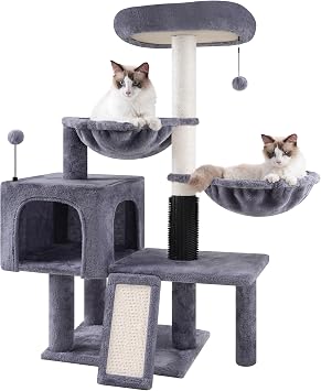 ROYPET 3-Tier Grey Cat Tree Tower with Hammocks Grey, 39.4 | Condo, Rope Ladder, Scratching Posts, Natural Sisal, Replaceable Hanging Balls, Sturdy Cat Furniture for Kitten & Adult Cat