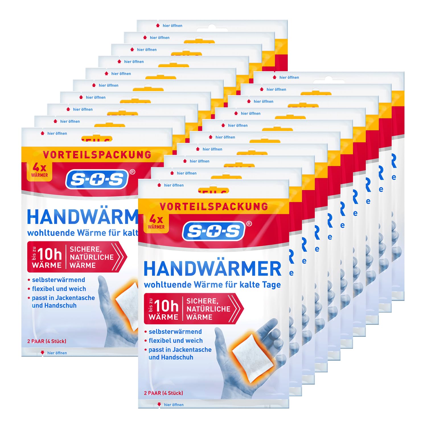 SOS Handwärmer 20 Paar (40 Stück) – Einweg-Wärmepads für bis zu 10 Stunden Wärme – Flexibel und weich – Ideal für Spaziergänge, Sport und kalte Tage – Passt in Jackentasche & Handschuh