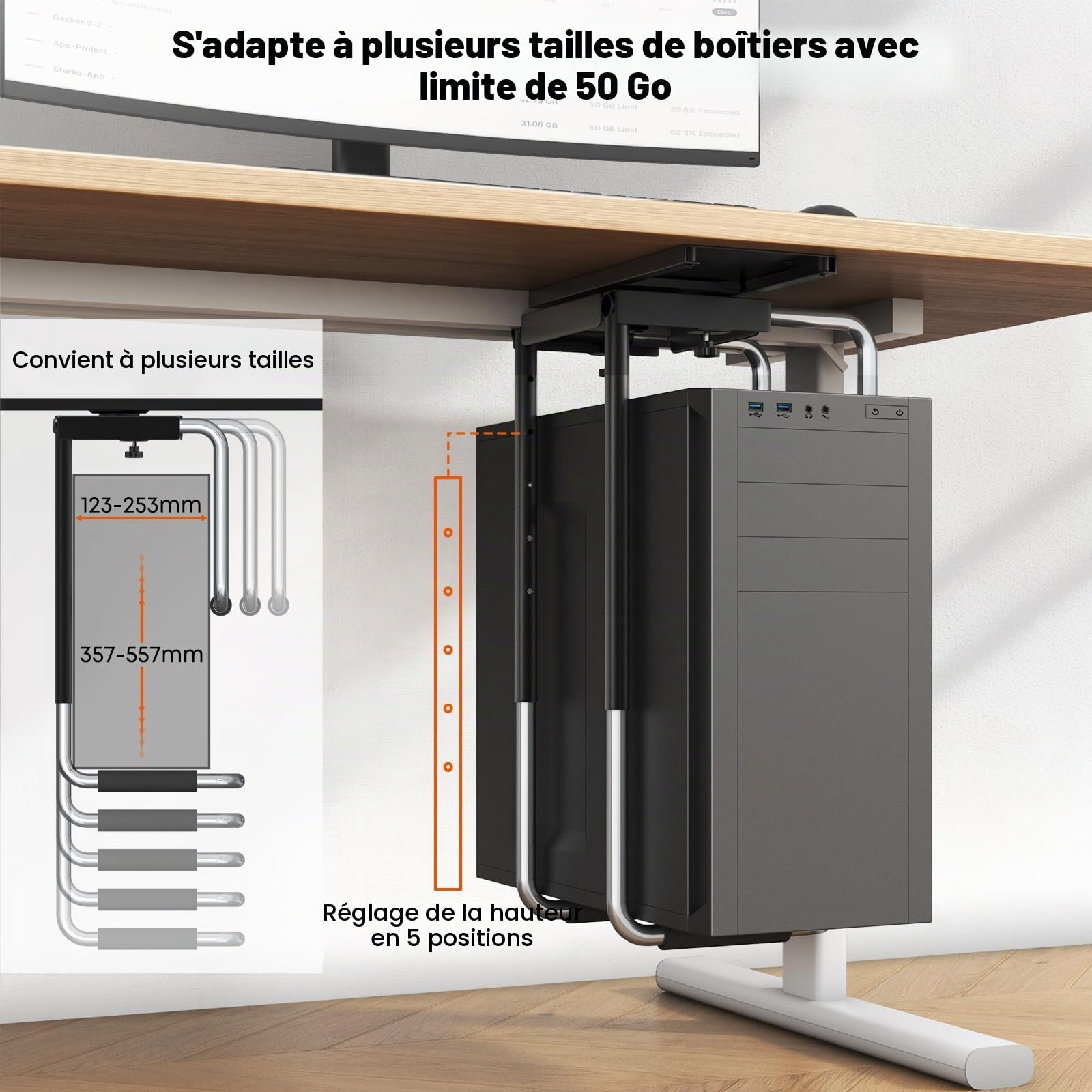 Support PC sous Bureau Réglable avec Rail Coulissant,Rotation à 360° Support Boîtier d'Ordinateur avec Coussin De Protection,Excellente Circulation De l'Air,Charge Maximale 30kg