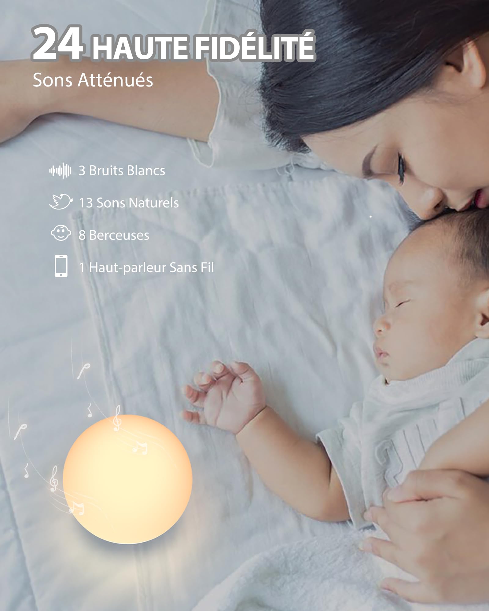 HOMGEN Machine à Bruit Blanc pour Bébés 24 Sons Relaxants, Machine à Sons Rechargeable Dispositif de Bruit Blanc Portable avec Veilleuse pour Enfants