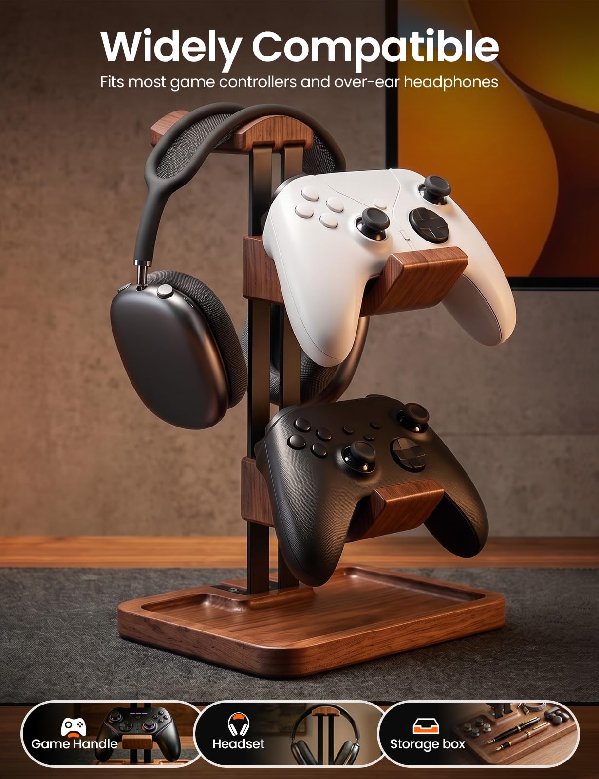 LOXP Supporto per cuffie e controller in noce, 2 in 1, in legno massello, con base di stoccaggio, adatto per controller Xbox PS5, organizer da scrivania per giocatori