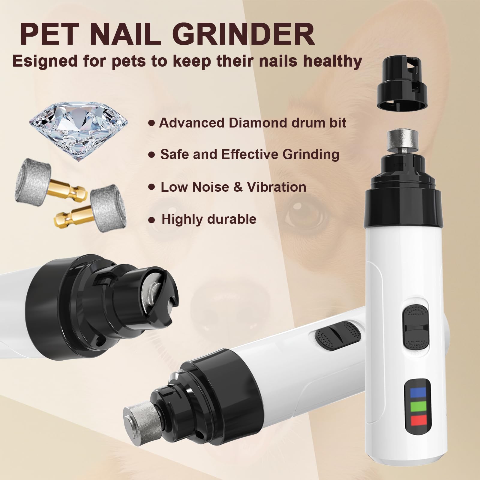 Dog Nail Grinder Upgraded,Professional 2-Speed Pet Nail Trimmer,Quiet and Low-Vibration Dog Nail Trimmers,and 3 Ports for Large,Medium,Small Pets with Hard or Thick Nail - image 3