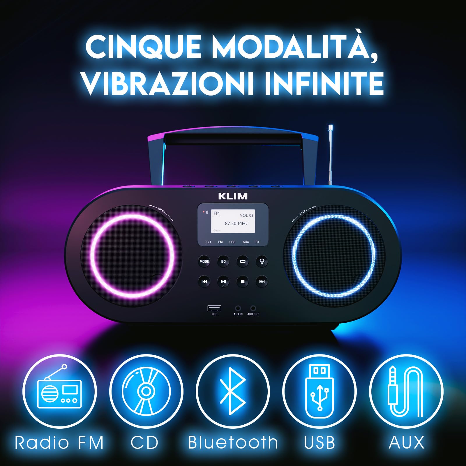 KLIM Lettore CD Stereo Boombox B5 - Radio FM con Lettore CD Bluetooth e USB, AUX, Batteria ricaricabile, Standby automatico, EQ Digitale