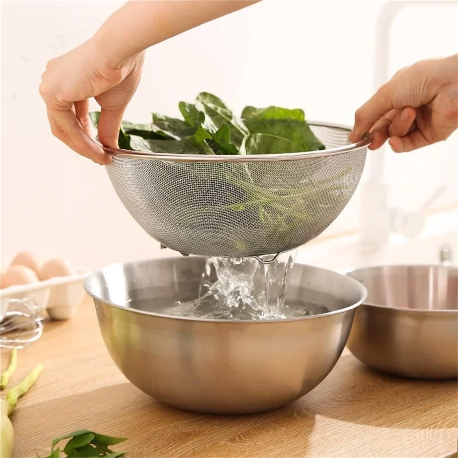 Colador De Arroz De Acero Inoxidable Juego de 2 piezas lavabo drenaje acero inoxidable con colador almacenamiento a escala, cesta lavado arroz, juego enjuague y frutas for cocina(2Pcs-24cm)