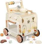 Pithfor Wooden Baby Walker, 3-in-1 Baby Push Walker, with Pretend Kitchen, Montessori Sensory Activity Center, Push Walker Toys for Babies Learning to Walk, Sit-to-Stand