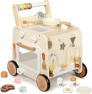 Pithfor Wooden Baby Walker, 3-in-1 Baby Push Walker, with Pretend Kitchen, Montessori Sensory Activity Center, Push Walker Toys for Babies Learning to Walk, Sit-to-Stand