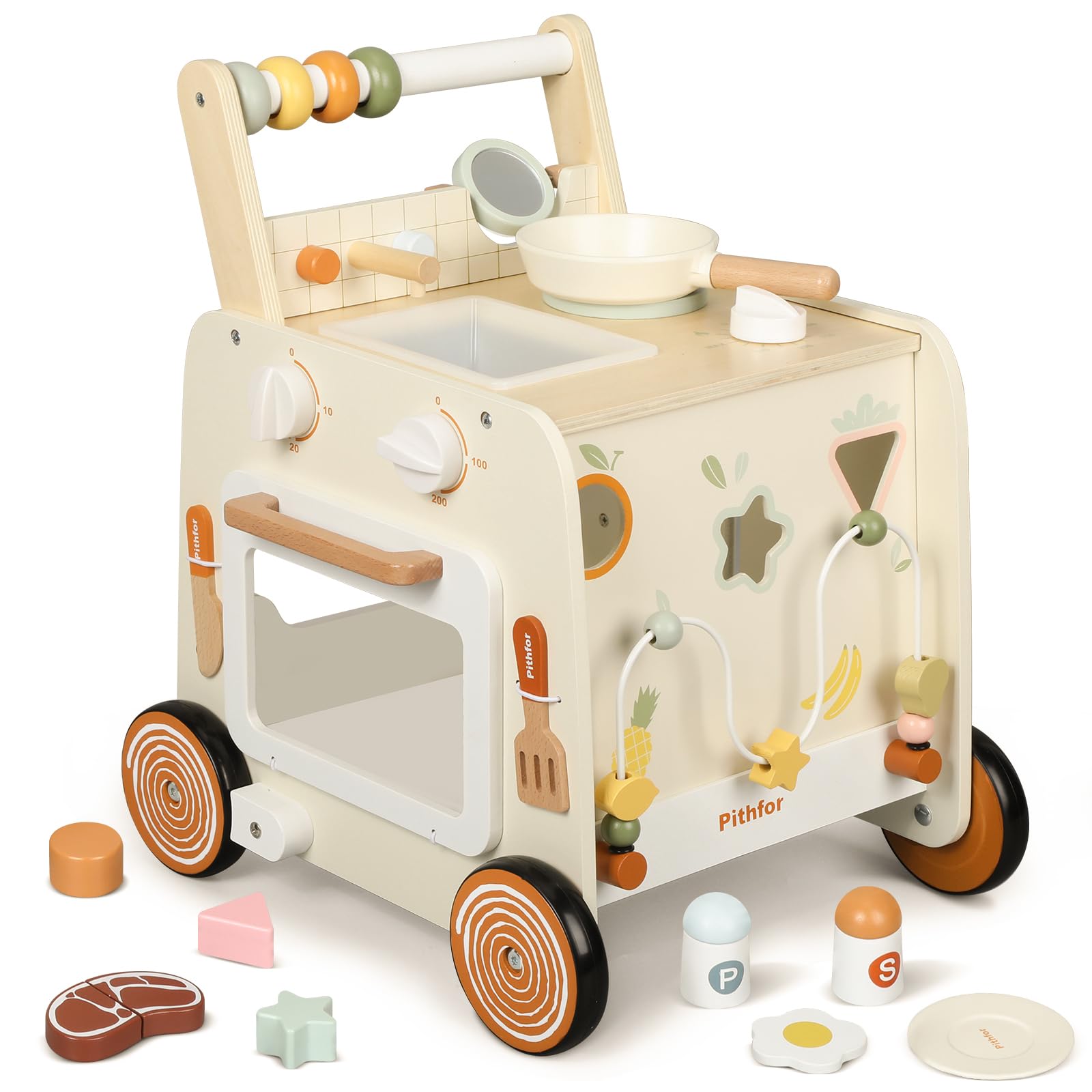 Pithfor Wooden Baby Walker, 3-in-1 Baby Push Walker, with Pretend Kitchen, Montessori Sensory Activity Center, Push Walker Toys for Babies Learning to Walk, Sit-to-Stand