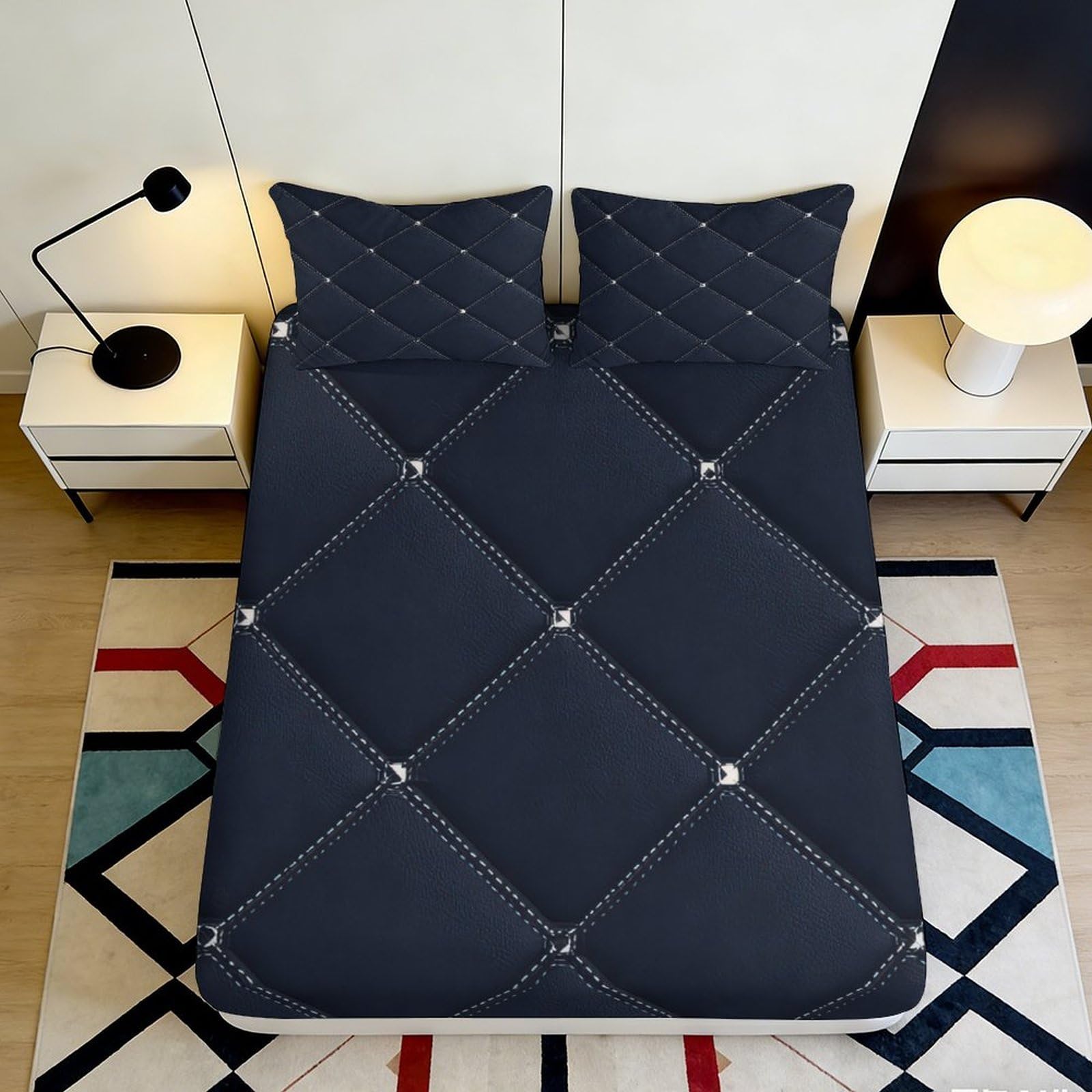3D Printed Geometric Diamond Fitted Sheet Microfiber Soft Breathable Abstract Grid Mattress Cover for Bedroom Dorm Decor 90x200x25cm