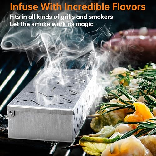 Miniatura 2 de Caja ahumadora para parrilla de gas, paquete de 2 cajas de astillas de madera de acero inoxidable con tapas con bisagras, caja de humo para