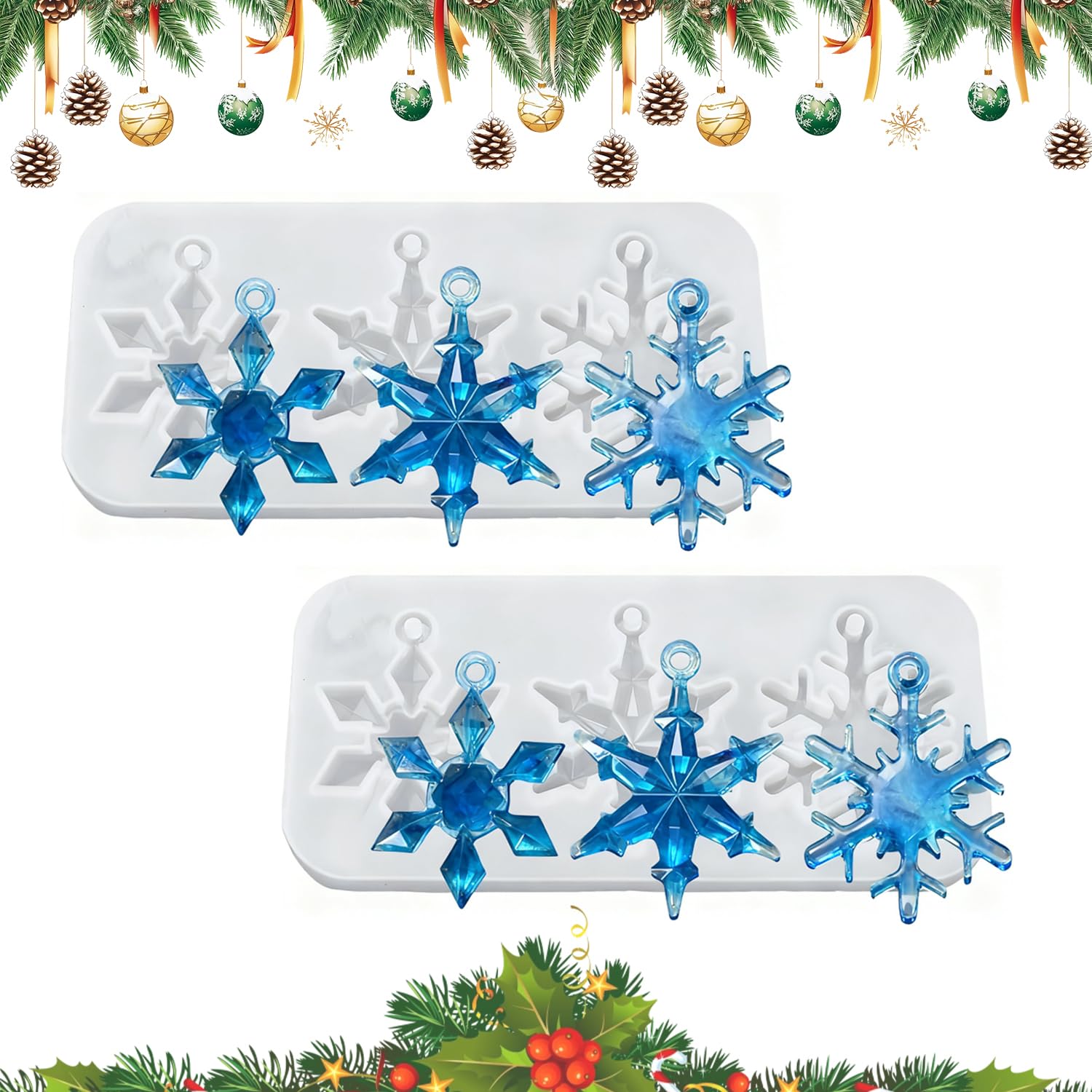 2PCS Christmas Silicone Resin Moulds, Snowflake Christmas Tree Ornament Hanging Tags Epoxy Resin Moulds, Ideal for Epoxy Casting and DIY Craft
