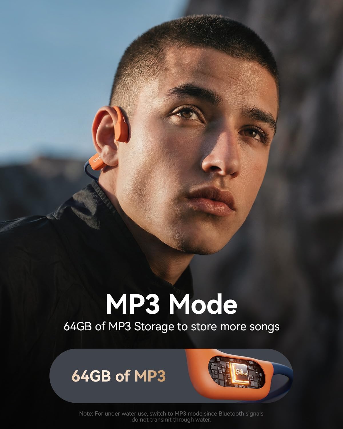 Sanag Bone Conduction Headphones Swimming, 64GB MP3 Player Waterproof IP68, Bluetooth 6.0 Open-Ear Earbuds Sport, 50H Playtime, Soft Silicone, Wireless Headphones for Running, Gym, Workout（ Orange）