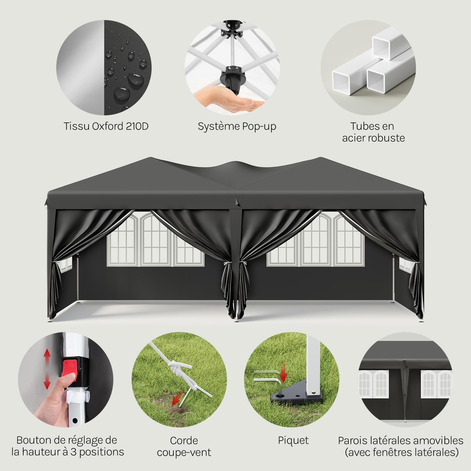 WOLTU Pavillon de Jardin 3x6m Pop up Barnum Pliant avec 6 parois Gris