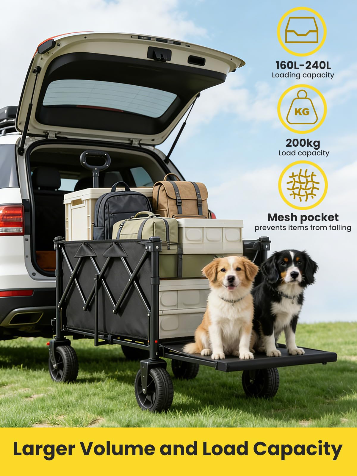 YEAUPE PRO Chariot Pliable 240L 200KG, Chariot de Courses Chariot Tout Terrain À Freins, Hayon Entièrement Rabattable À Plat pour Objets Longs – Idéal pour Courses Et Activités Extérieures