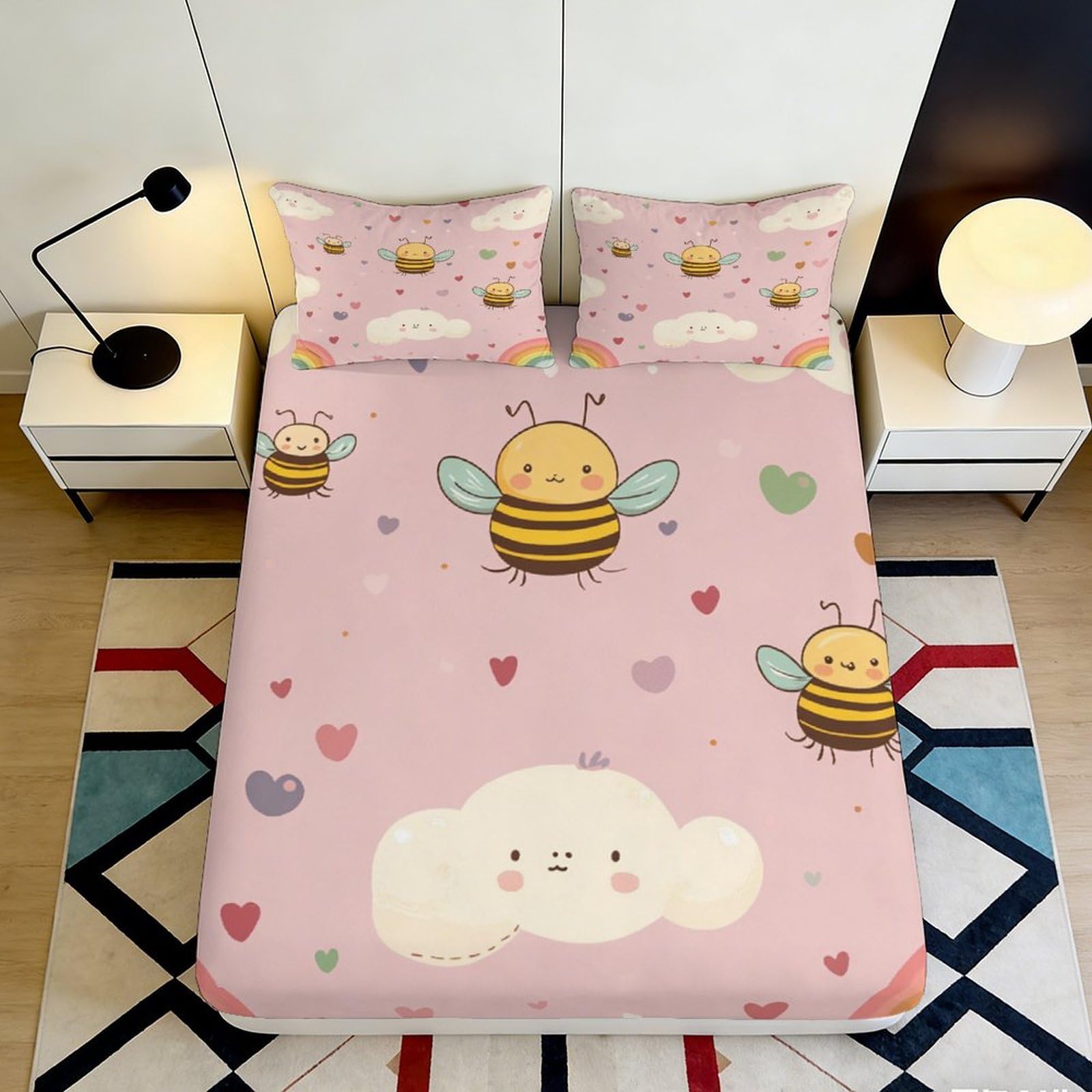 3D Printed Cute Bee Pink Fitted Sheet Microfiber Anti-Slip Heart Cloud Mattress Cover for Bedroom Dorm Easy Care 140x200x25cm