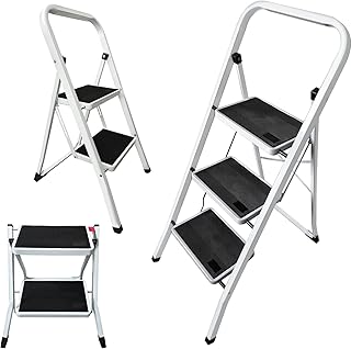 2 Step Ladder Stool with Convenient Handgrip, 2 Step Folding Step Stool for Adults with Wide Anti-Slip Pedal, Sturdy Steel Portable Folding Ladder Collapsible Ladder for Home Kitchen Office Stool