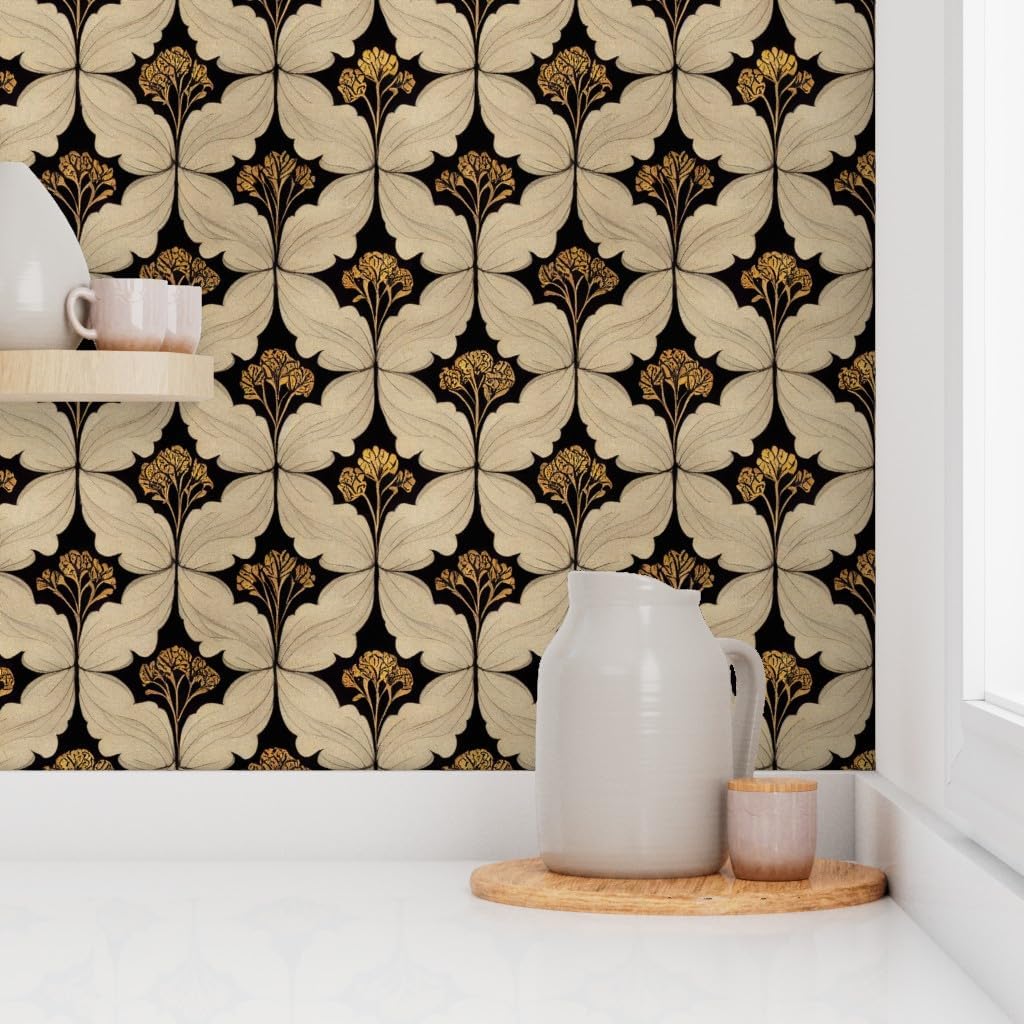 Peel & Stick Wallpaper 6ft x 2ft - Victorian Flowers Art Nouveau Moody Botanical Art Deco William Morris Inspired Leaves Black Beige Custom Removable Wallpaper by Spoonflower
