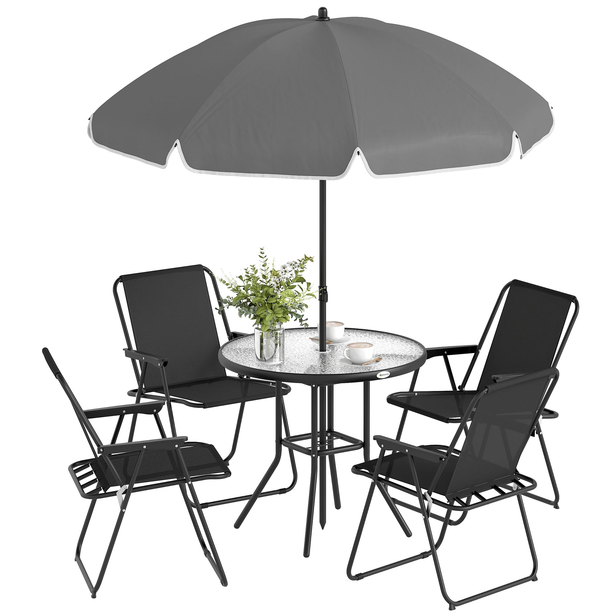 Outsunny 4 Seater Garden Furniture Set, 6 Pieces Garden Table and Chairs with Parasol, Outdoor Garden Dining Set with Folding Chairs and Round Glass Top Table for Patio, Black