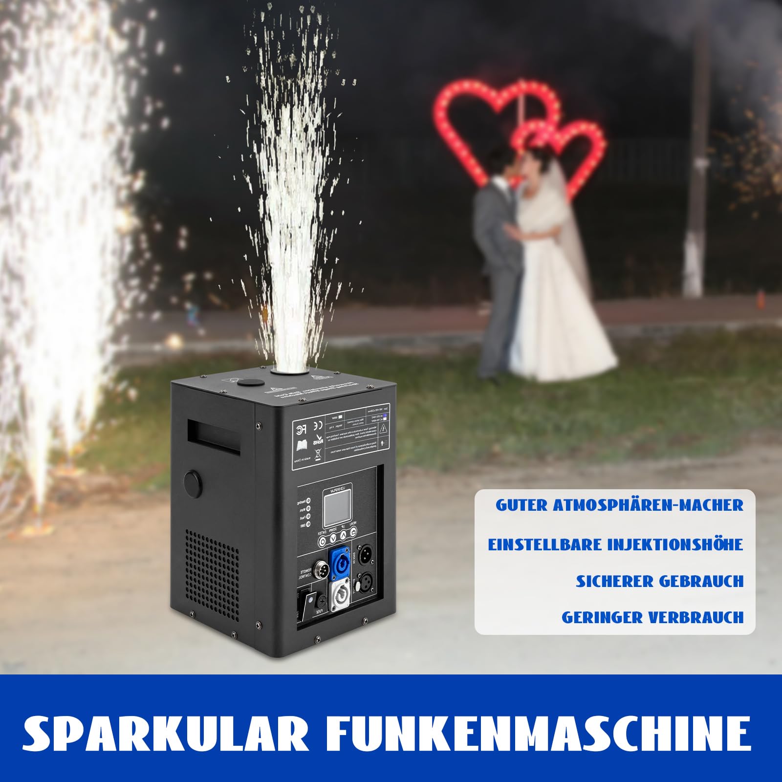 Bühneneffektmaschine 600W DMX Funkenmaschine | Drahtlose Fernbedienung | Schwarzes Metall | 2-5M Sprühhöhe | für Hochzeit, Party | Deutsche Anleitung