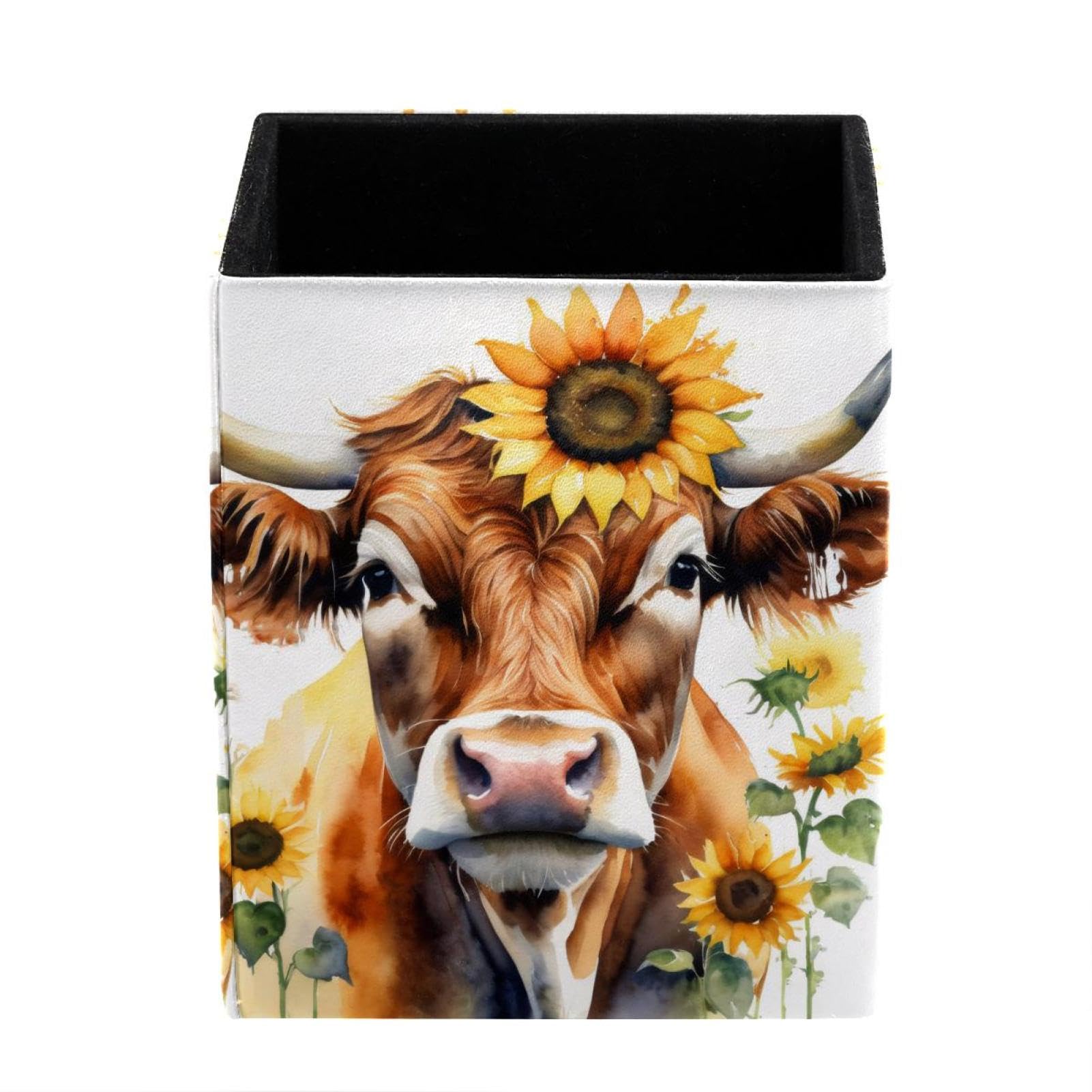 FWJZDSP Pen Holder for Desk, Cow with Sunflowers Pencil Holder, Pen Cup Functional Desk Organizer for Office Supplies