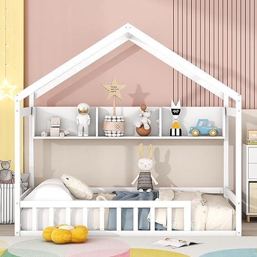 Miniatura 2 de Divertida cama de madera de tamaño individual con estante de almacenamiento, valla y techo para adolescentes, niñas y niños, no requiere somier