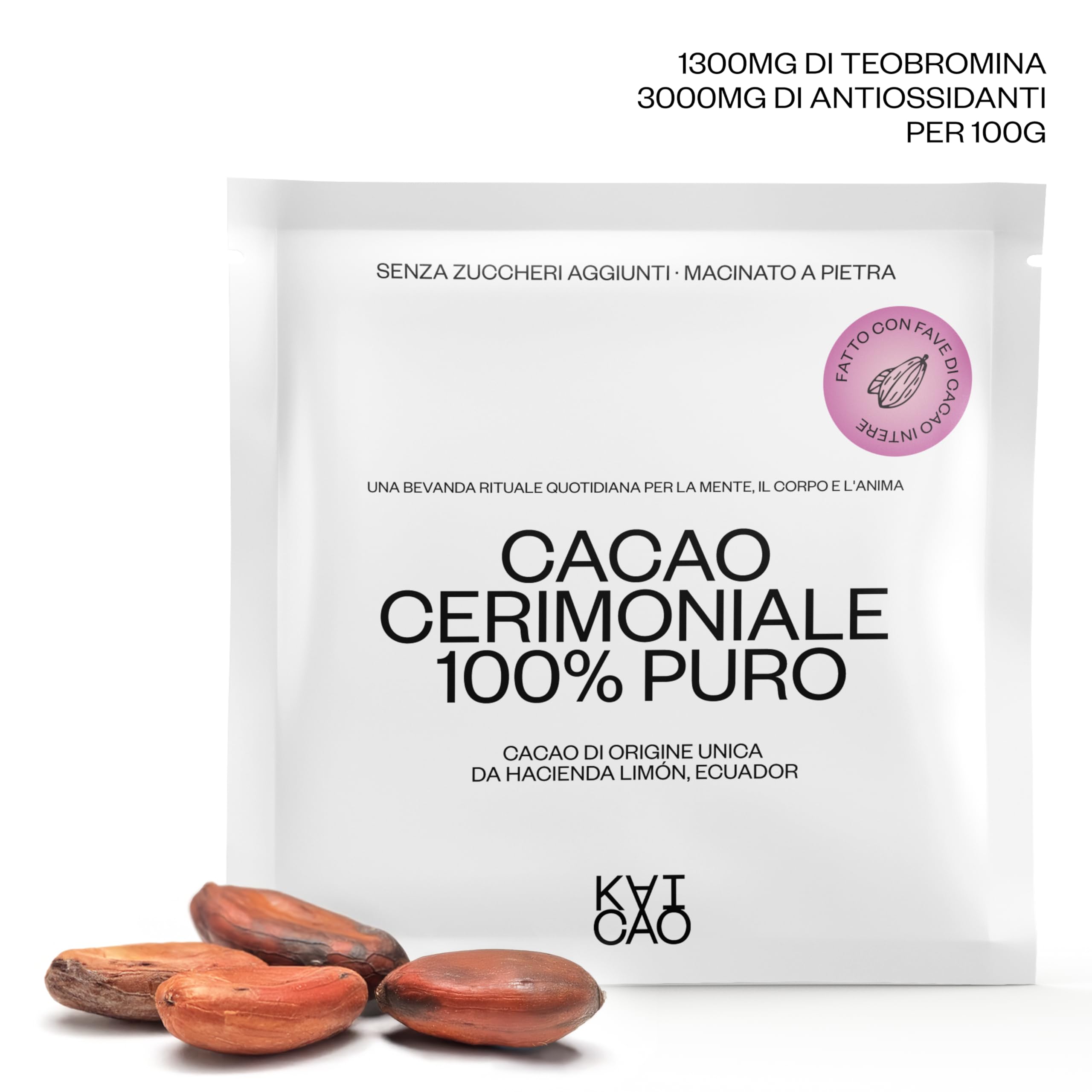 Kaicao Cacao Cerimoniale - Cacao Puro in Polvere - Senza Zucchero, Vegano, Senza Glutine, Dieta keto - Origine Hacienda Limón, Ecuador - 5 x 20 gr