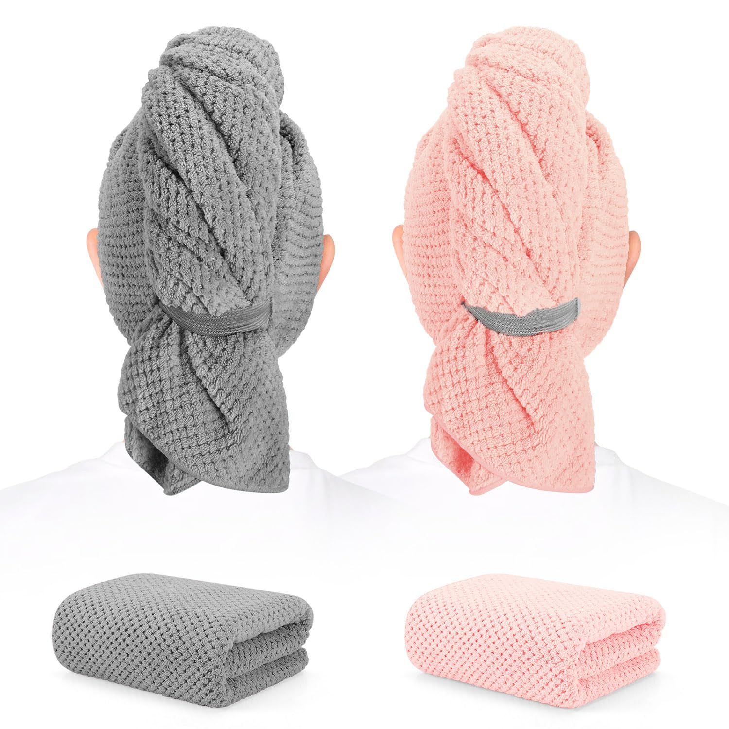 BEoffer 2 Pack Microfiber Hair Towel - 41 x 24 inches Super Soft, Absorbent, Fast Drying Without Frizz Hair Towel Wrap for Women Long, Thick, Curly Hair - Hair Turbans with Elastic Strap