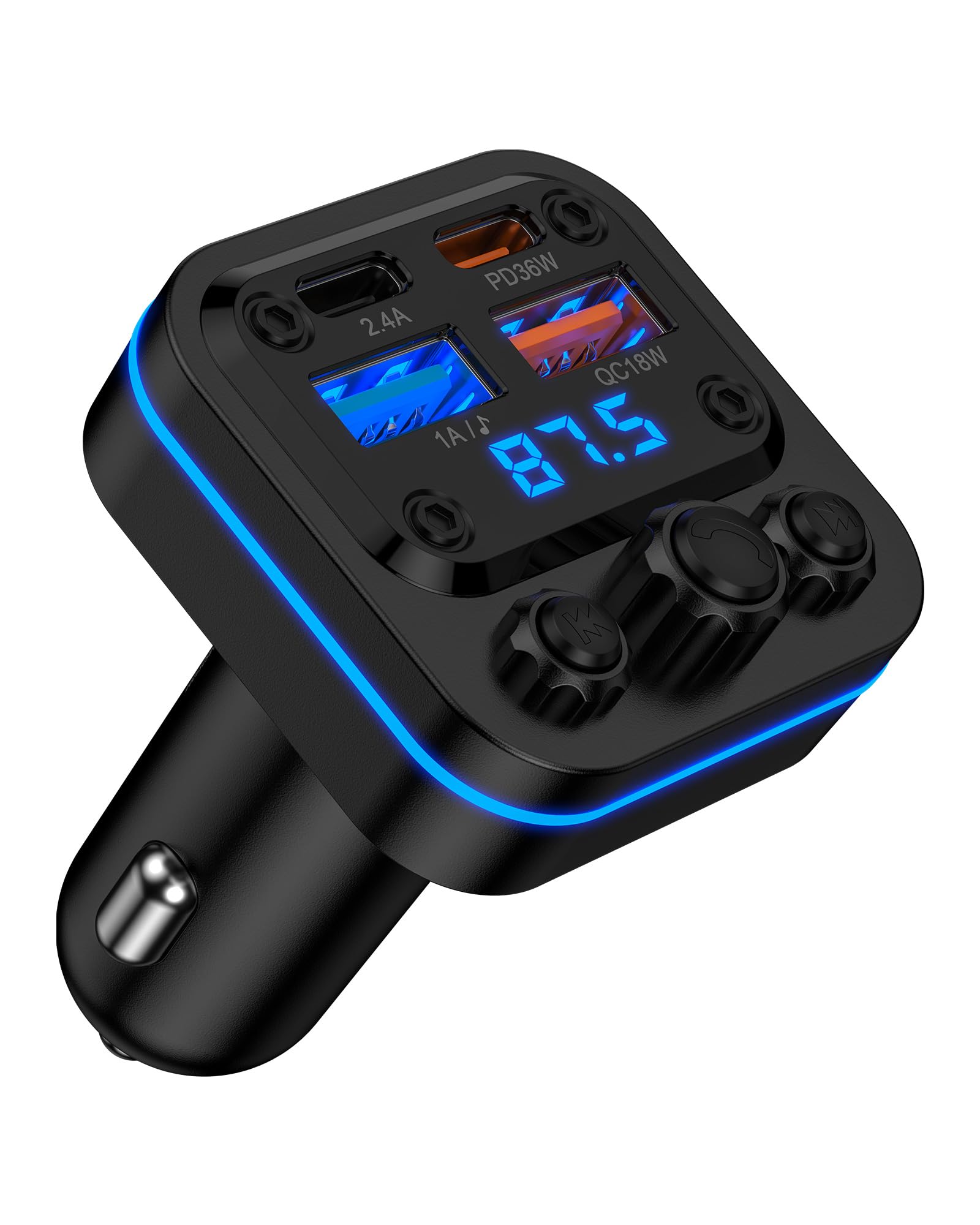AILKIN Transmisor FM Bluetooth para coche, carga rápida de 54 W, cargador de coche Bluetooth 5.4 con múltiples puertos USB-C y USB-A, adaptador auxiliar para encendedor de cigarrillos de radio inalámb