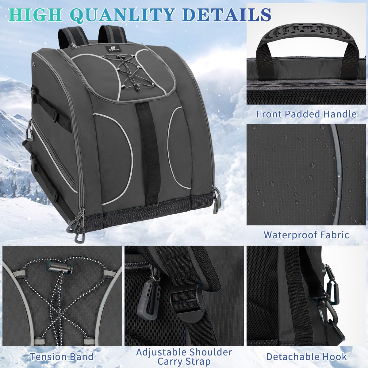 Sac à Chaussures de Ski Imperméable 55L avec Compartiment pour Casque - Sac à Dos de Sport pour Skis, Camping