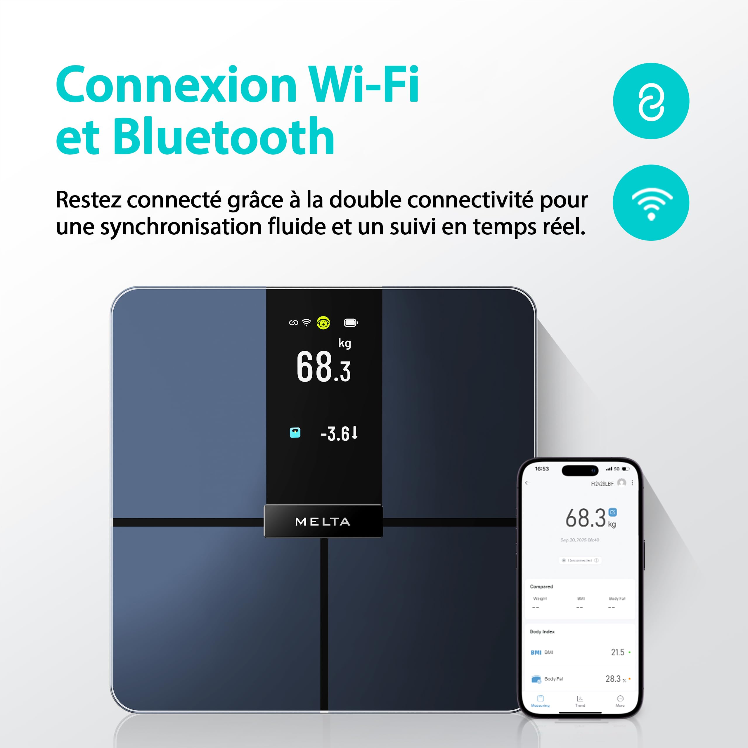 MELTA. Balance Intelligente- Pèse-Personne Connecté Impédancemètre Wi-Fi & Bluetooth 5.0 | Écran TFT Couleur 4,3" | 18 Indicateurs Corporels | App Fitdays+ | 180 kg | Verre Trempé ITO