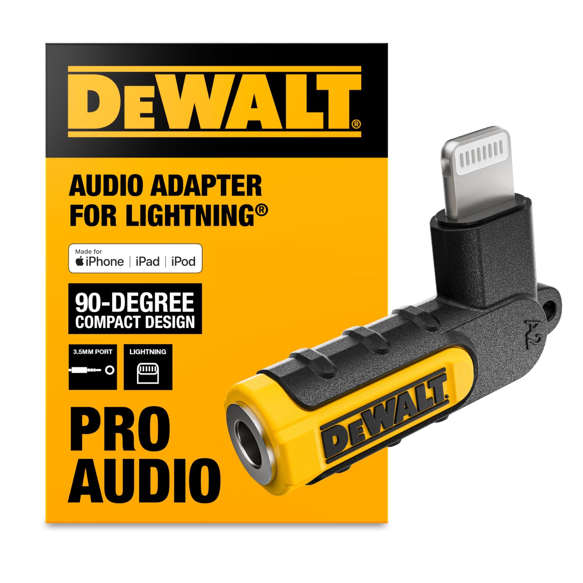 DEWALT Heavy Duty 3.5mm to Lightning Adapter, 90Degree L Connector Female to 3.5mm Male Headphone Jack Adapter for iPhone, Compatible Lightning to 3.5 mm Headphone Jack Adapters, Adapts Legacy Devices