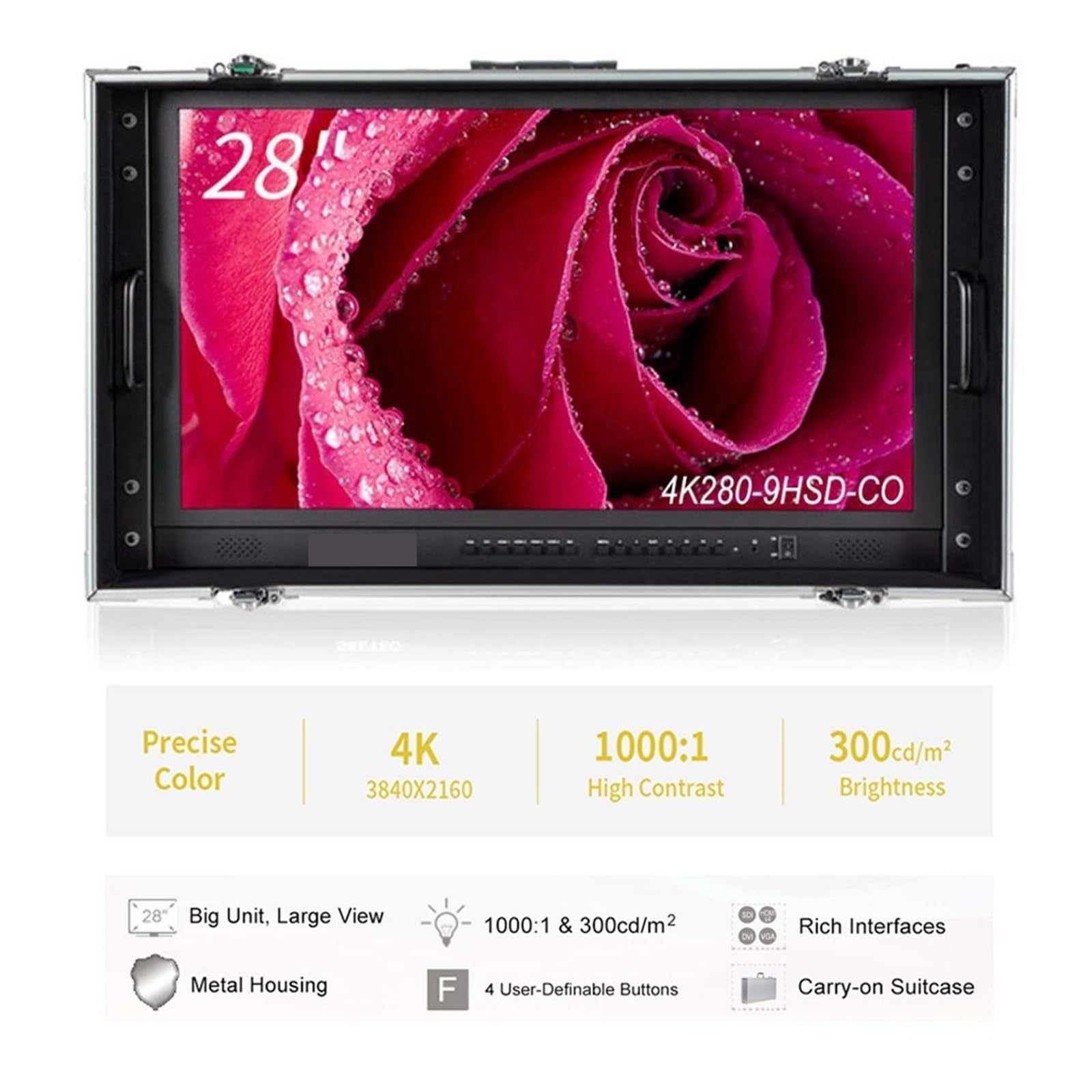 Monitor Terenowy, 28-calowy podręczny monitor 4K 4K280-9HSD-CO Monitor reżyserski Ultra-HD 3840x2160 z walizką do tworzenia filmów wideo