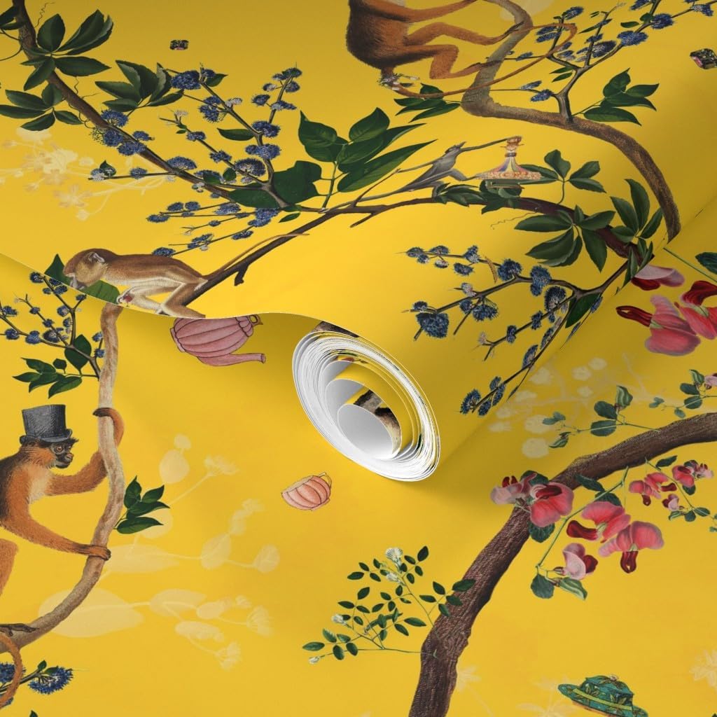 Removable Wallpaper Swatch - Yellow Gold Chinoiserie Maximalist Monkey World Tree Plant Jungle Custom Pre-Pasted Wallpaper by Spoonflower