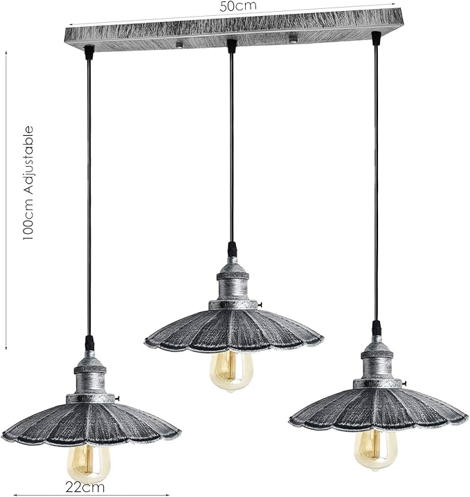 LEDSone 3 Manier Vintage Metalen Rustieke Golvende Lamp Shade Plafondlamp Industriële Hanger Schaduw, Geborsteld Zilver Plafondlamp E27 Houder Montage met 50cm Plafondplaat (Geborsteld Zilver) photo 3
