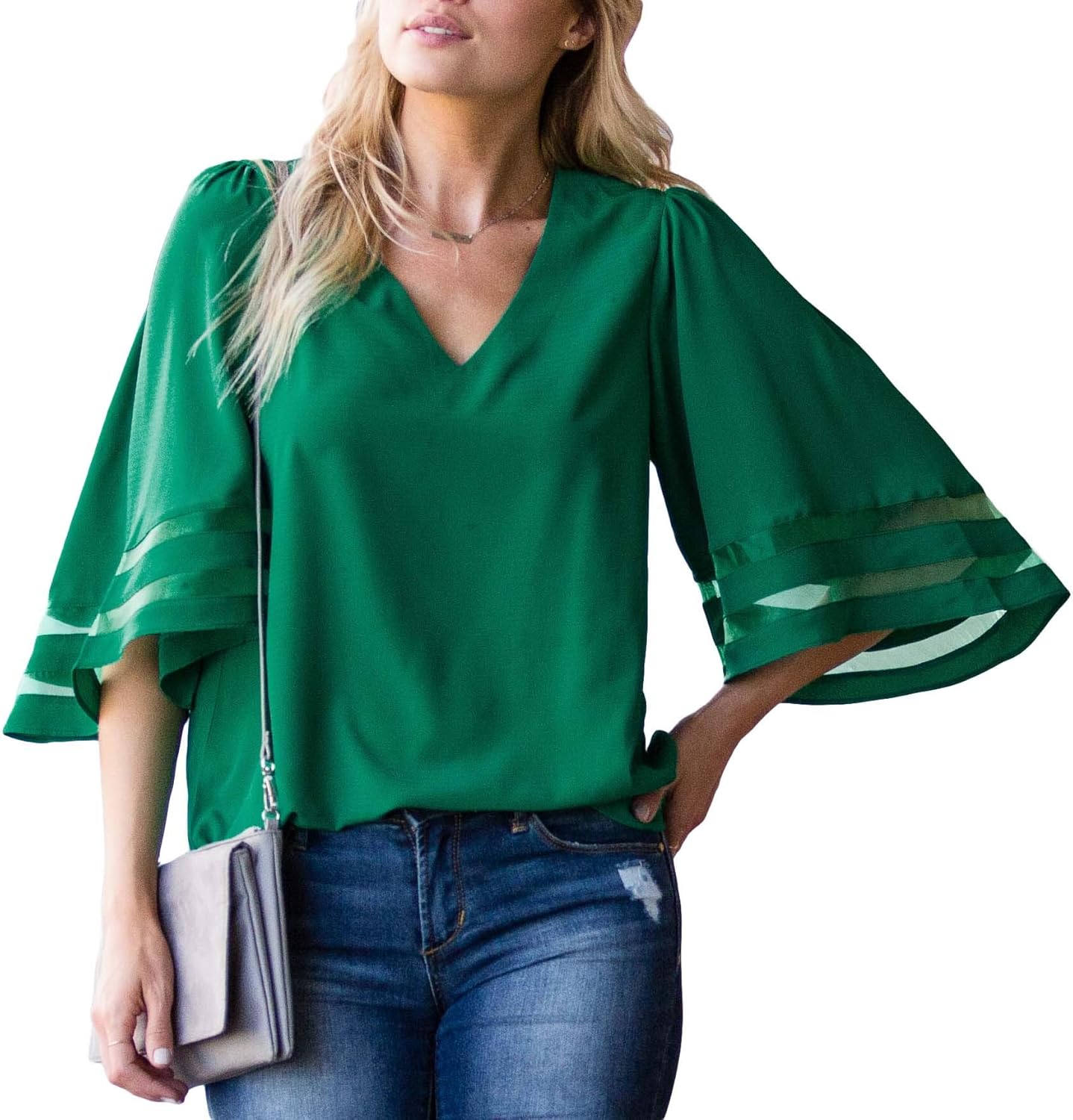 Amaryllis Apparel Women's Mesh-Inset Bell-Sleeve V-Neck Blouse | 100% Polyester