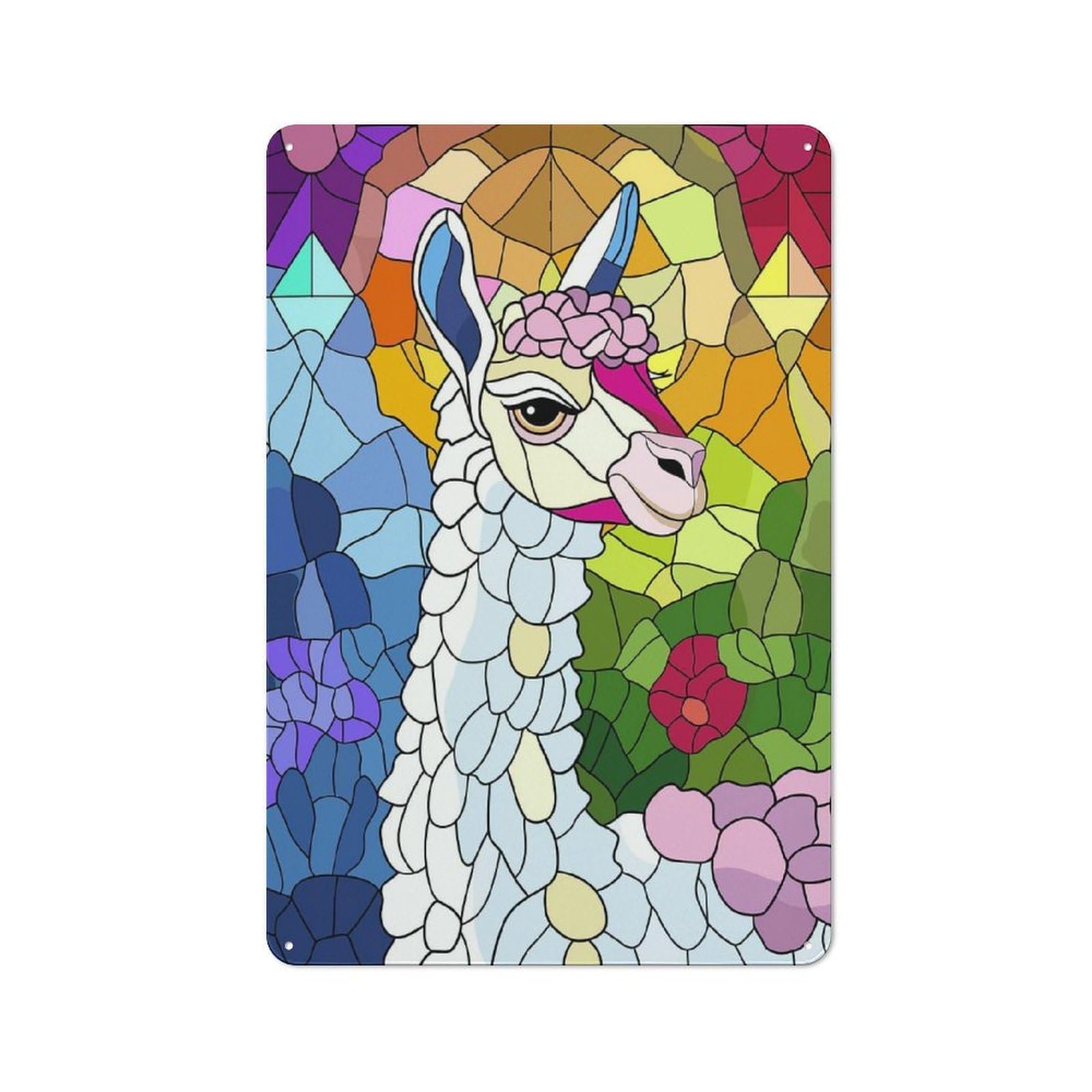 Junmoney Style-17 Tin Sign 30X20cm With Stained Glass Llama With Flowers For Garage Wall, Retro-Style Decor, For Room Styling Across Garages And Workshops
