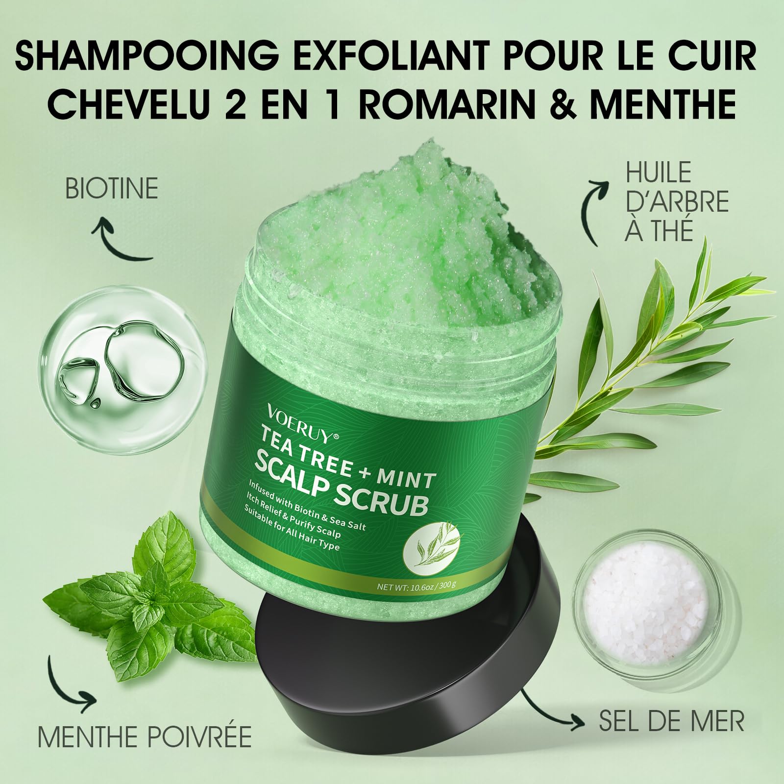 Shampoing exfoliant pour cuir chevelu 2 en 1 à l'huile de menthe, soin des cheveux pour clarifier et éliminer les dépôts avec masseur de cuir chevelu en silicone, 300 g