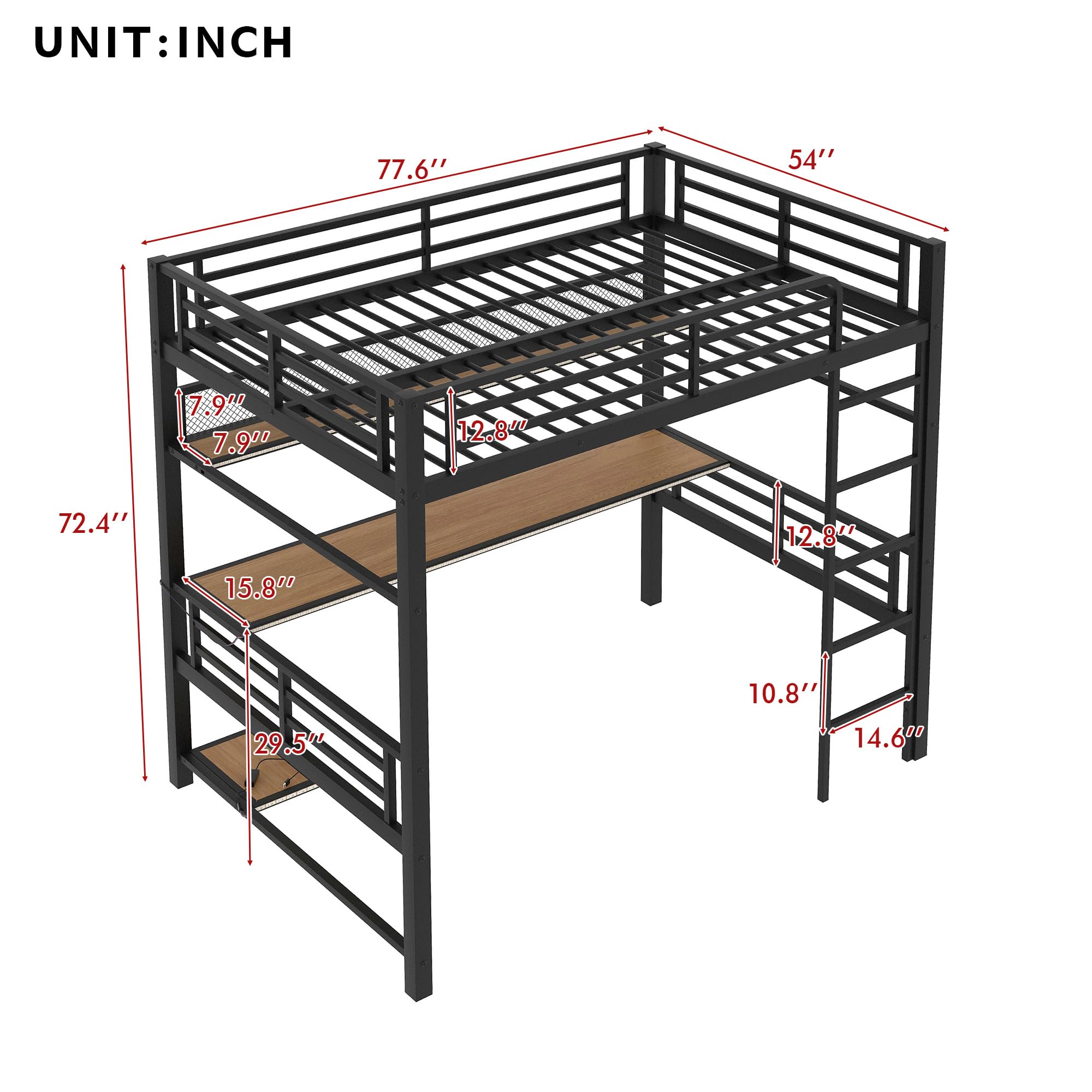 SOFTSEA Full Size Loft Bed with Desk and Storage Shelves, Heavy Duty Loft Bed with LED Lights for Kids, No Noise, Black