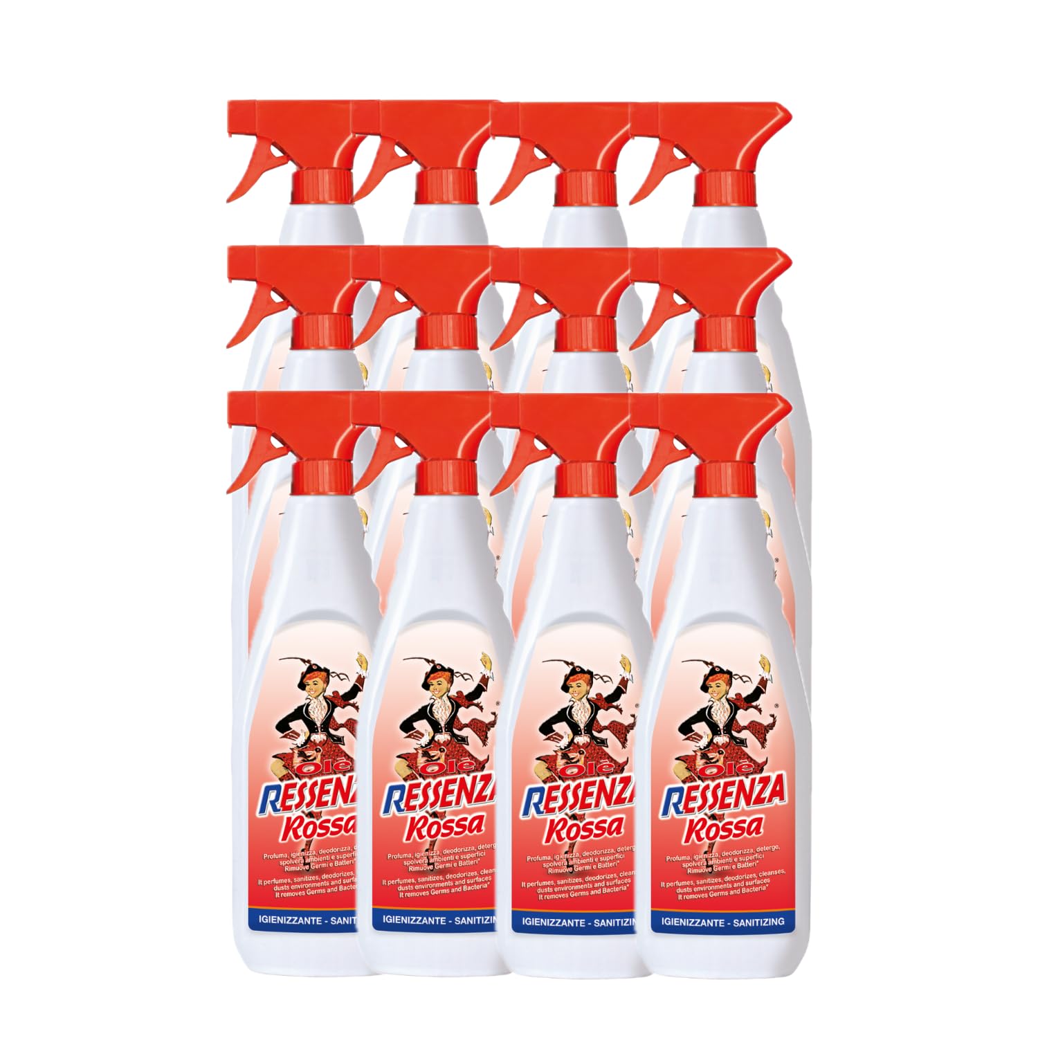 Olè Ressenza Detergente Profumato 750 ml - Profumatore Ambiente 5 in 1 Spray Igienizzante Multiuso per Pavimenti e Superfici - Profuma, Igienizza, Deodorizza, Deterge e Spolvera - Rossa (12 Unità)