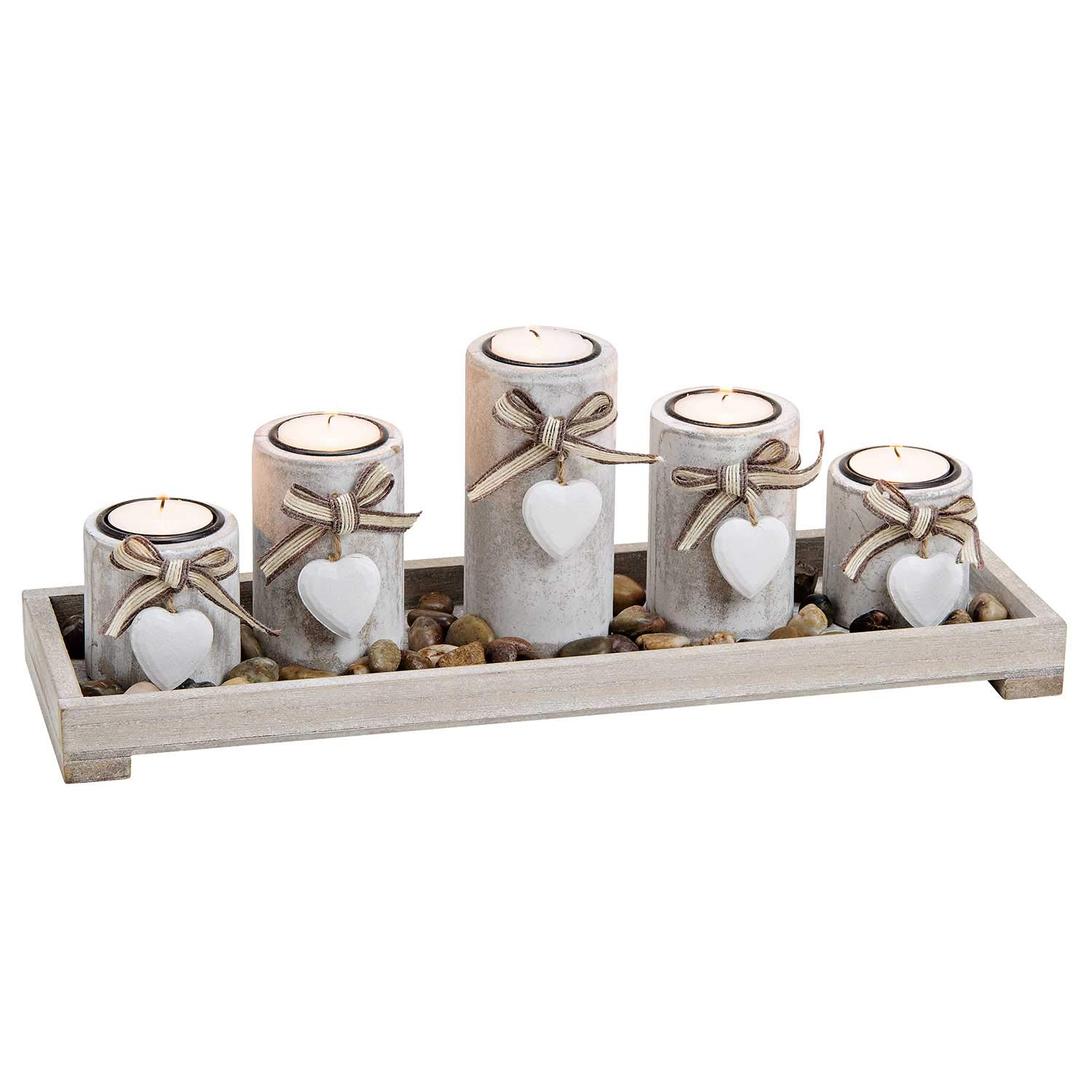 Relaxdays Portacandele Decorativo con Vassoio e Pietre, Lungo 39,5 cm
