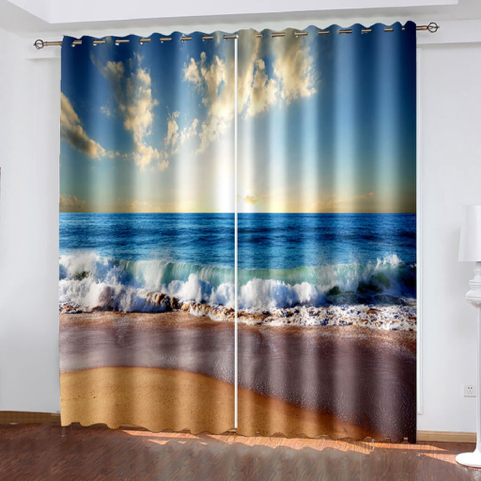 Letnie Wakacje Dekoracje Plaża 3D Drukowanie Wzoru Salon Parasolka Niestandardowe Zasłony Garnitur Sypialnia Z Haczykami Akcesoria,170×200Cm